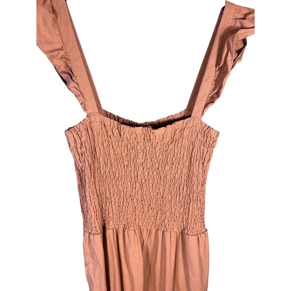 Sass Womens 12 Tan Smocked Jumpsuit Ruffle Straps Linen Blend Comfort Beachy - Picture 4 of 11